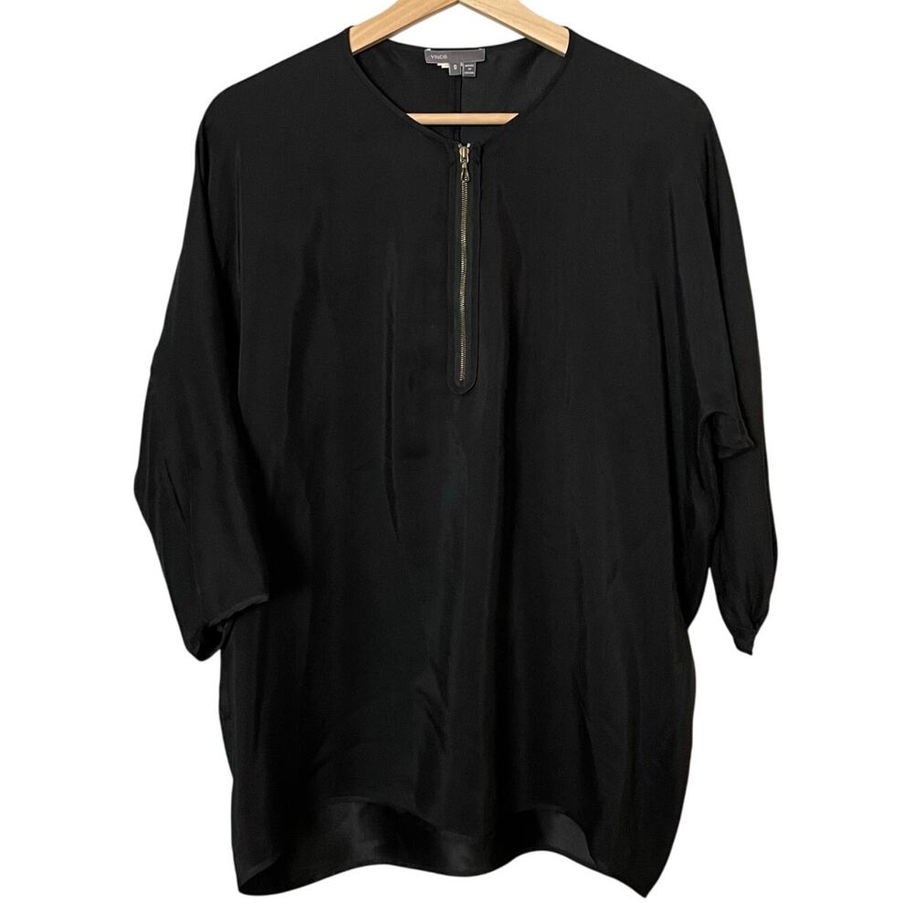 Vince 100% Silk Black Dolman Sleeve Blouse Zipper SZ Small Business Classic